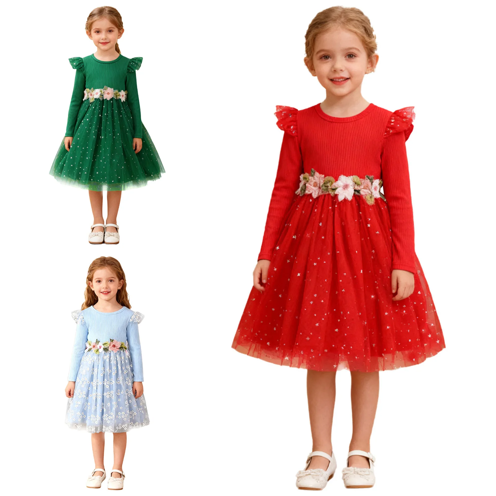 Vestido de tul floral con manga larga acanalada para niña - imagen 4