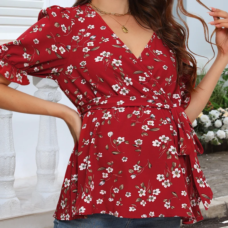 Tops de embarazo, camiseta de maternidad, camiseta para madre embarazada con pecho cruzado y cuello en V, cintura ceñida atada para amamantar - imagen 3