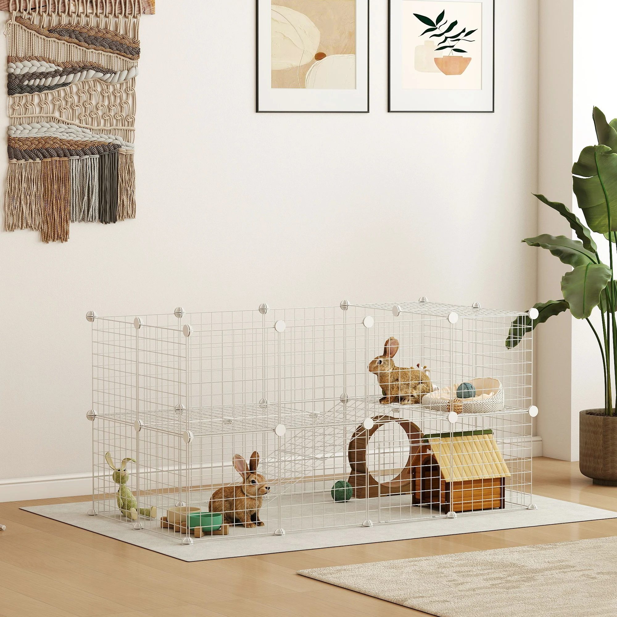PawHut Valla Metálica para Mascotas de 36 Paneles, Jaula para Animales Pequeños, Forma Personalizable, Jaula para Conejos, Cobayas, Chinchillas, Gatitos, 146x73x73 cm, Blanco - imagen 2