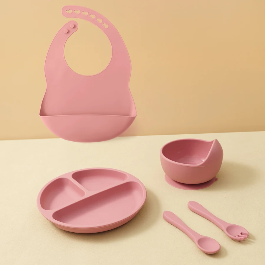 Juego de vajilla de silicona para bebé, babero con contraste de Color, tazón de succión, plato antideslizante, cuchara suave, tenedor, entrenamiento de alimentación, juego de cena para bebé, 5 uds. - imagen 2