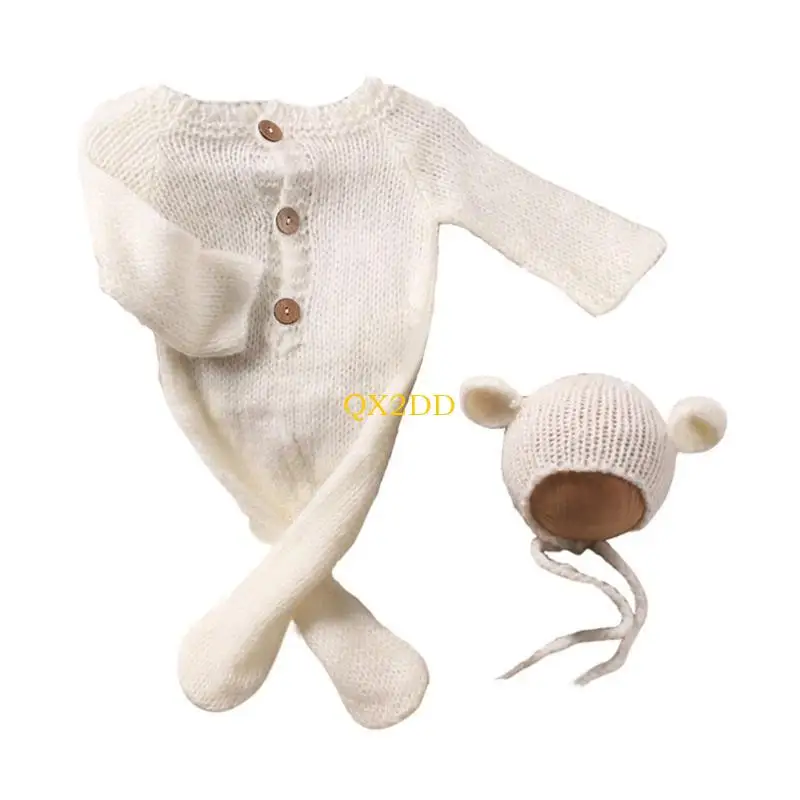 QX2D Mameluco Recién Nacido Oso Encantador con Gorro con Orejas a Juego Adecuado para Fotos Memorables - imagen 3