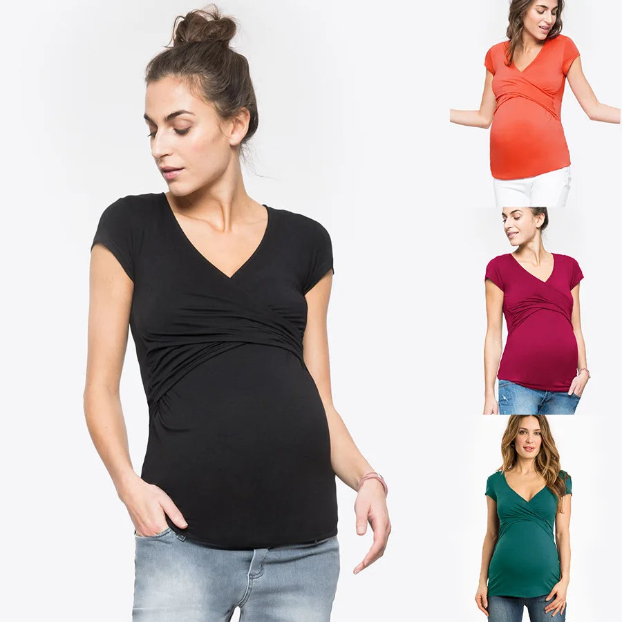 Camiseta para mujeres embarazadas, blusa de maternidad, pantalón corto informal para amamantar, Tops de manga a rayas, camisa de lactancia para embarazo