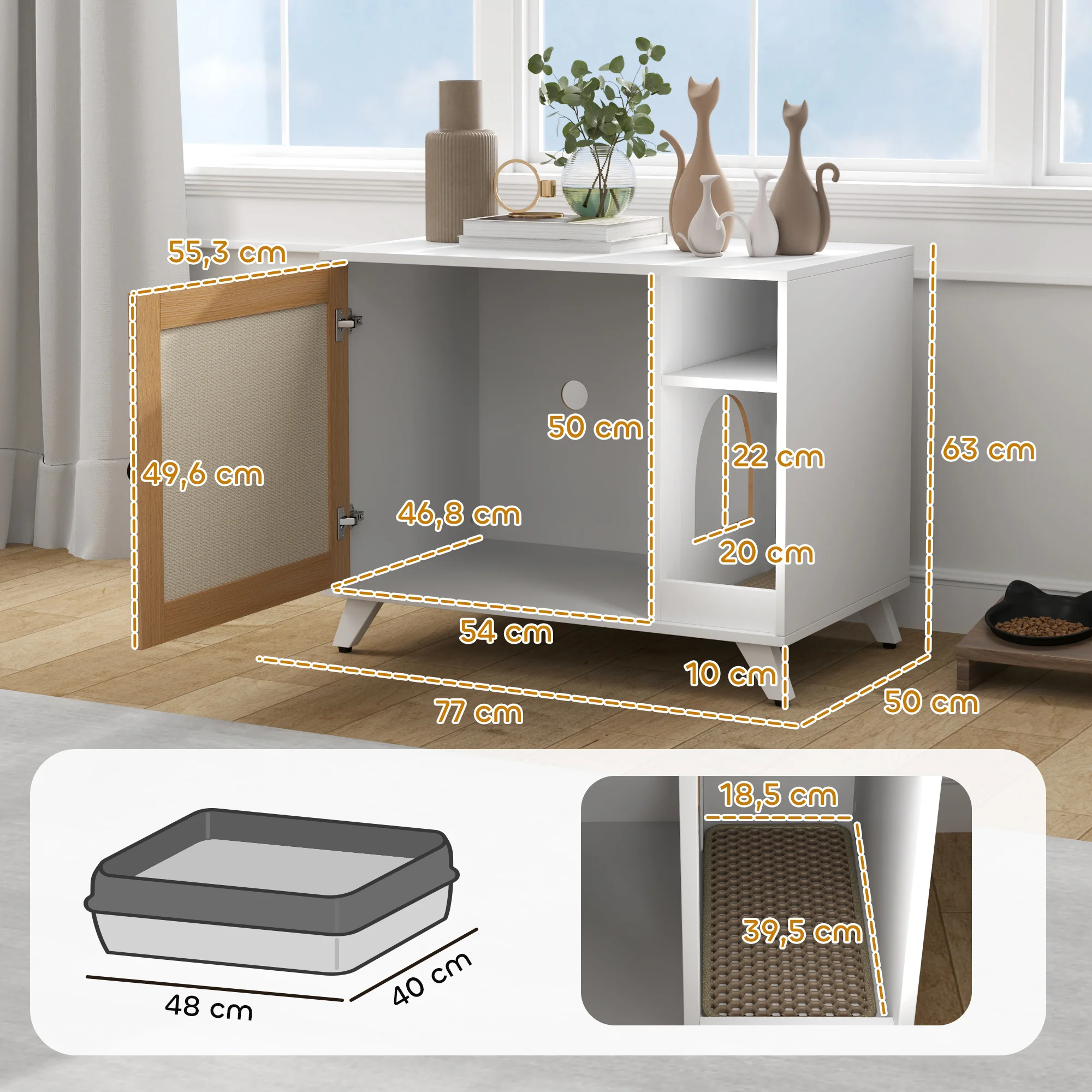 PawHut Mueble Arenero para Gatos Caja de Arena para Gatos con Puerta con Almohadilla para Rascar y Compartimento Arenero para Gatos para Salón Dormitorio 77x50x63 cm Blanco - imagen 3