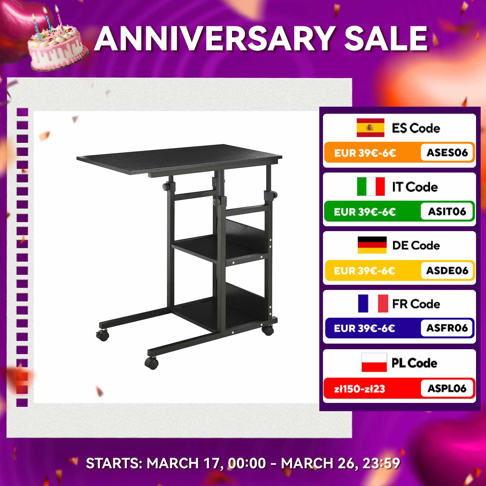 HOMCOM Mesa Auxiliar de Sofá Mesa Lateral en Forma de C con 4 Ruedas Giratorias Frenos Altura Ajustable 3 Niveles Metal