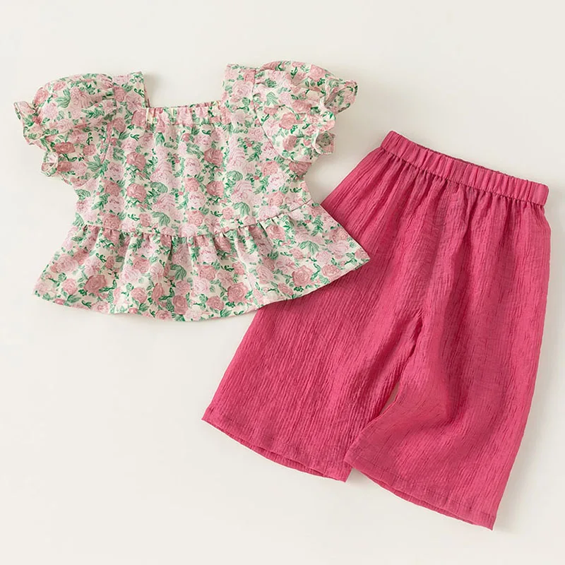 Conjuntos de 2 piezas de ropa de verano para niña, Tops de manga corta con flores bonitas a la moda de estilo chino + Pantalones sueltos, ropa de Boutique para niños B156
