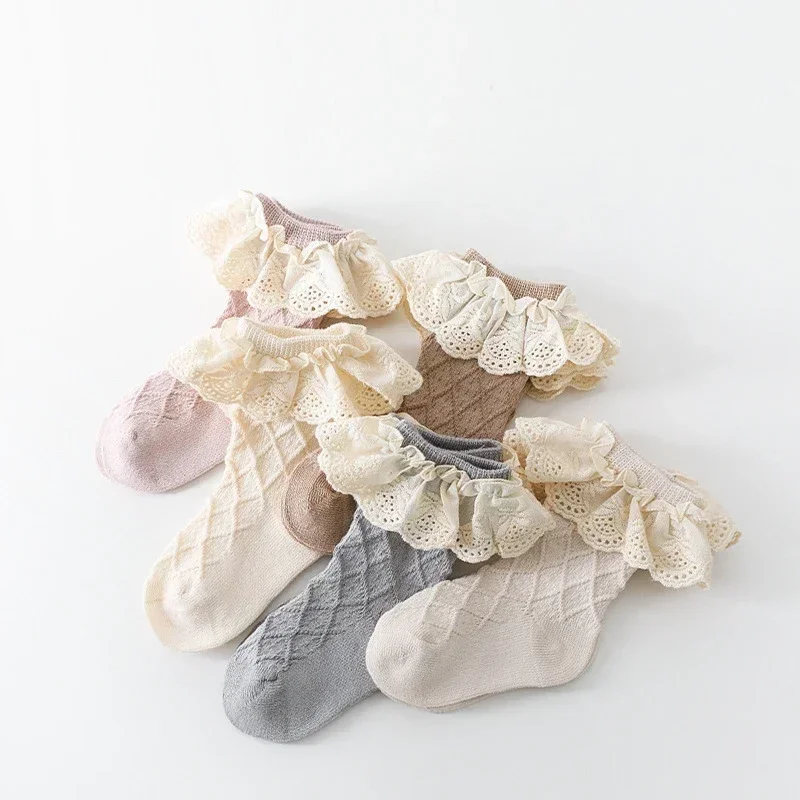 Calcetines para niñas, calcetines de algodón para primavera y verano, calcetines cómodos de tubo medio de encaje de princesa para recién nacidos de 0 a 6 años
