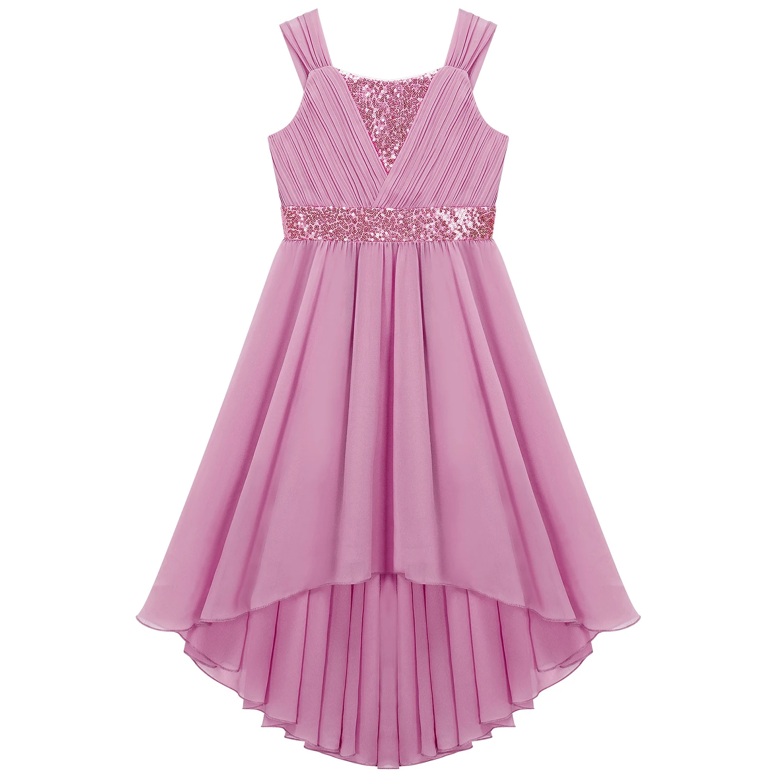Vestido fruncido de lentejuelas para niñas, vestido de fiesta sin mangas, dobladillo alto-bajo, vestido de princesa de gasa para cumpleaños, boda, dama de honor, Verano - imagen 4