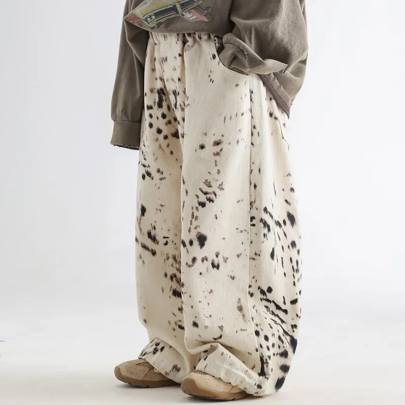 2025 Jeans con estampado de leopardo de estilo coreano para niños: pantalones casuales sueltos de pierna ancha de otoño, pantalones para niños de moda suaves y agradables para la piel - imagen 2