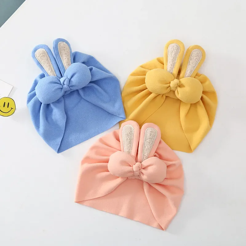 Gorro turbante con orejas de conejo para bebé, gorro infantil de Color sólido para niñas y niños, gorro indio de algodón suave, gorro para niño pequeño - imagen 3