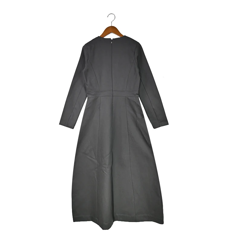 Vestido largo tejido para mujer Otoño/Invierno gris verde con bolsillos laterales manga larga cuello redondo vestido casual hasta el suelo - imagen 2