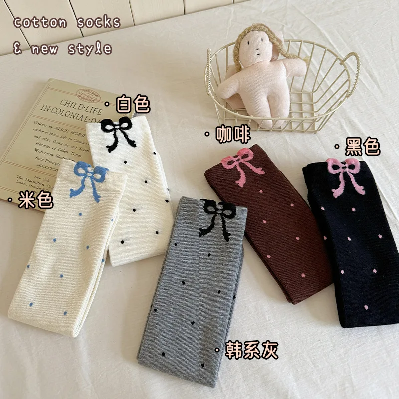 Calcetines coreanos hasta la rodilla para niñas, calcetines holgados de mezcla de algodón con detalle de estampado de lazo para niños grandes, calcetines bonitos hasta la pantorrilla para primavera y otoño - imagen 3
