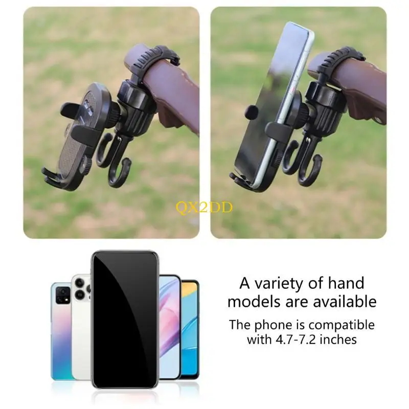 QX2D Soporte para teléfono liviano con gancho doble para cochecitos y actividades aire libre