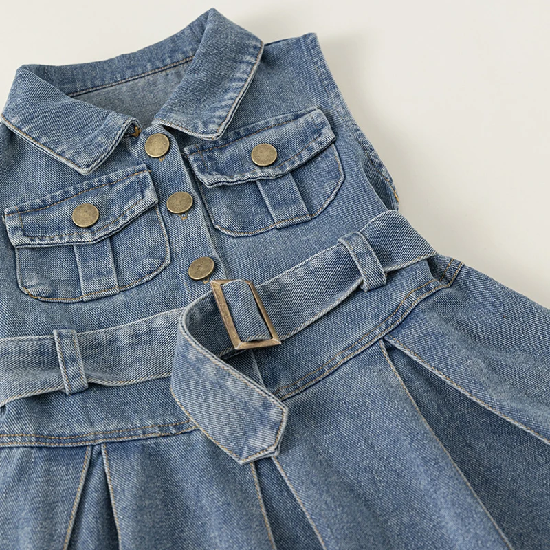 Vestido de verano para niño niña, ropa coreana para niño, moda vaquera sin mangas, cinturón de solapa, vestidos para bebé, ropa de Boutique para niño B275 - imagen 3