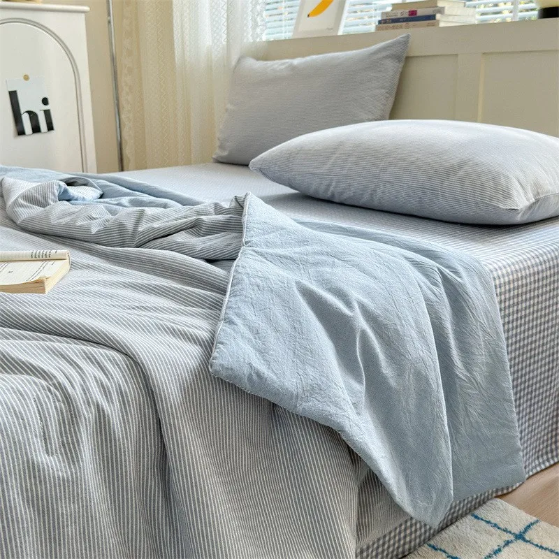 Juego de cuatro piezas de algodón a rayas, edredón, sábanas con fundas de almohada, edredón transpirable respetuoso con la piel, colcha - imagen 2