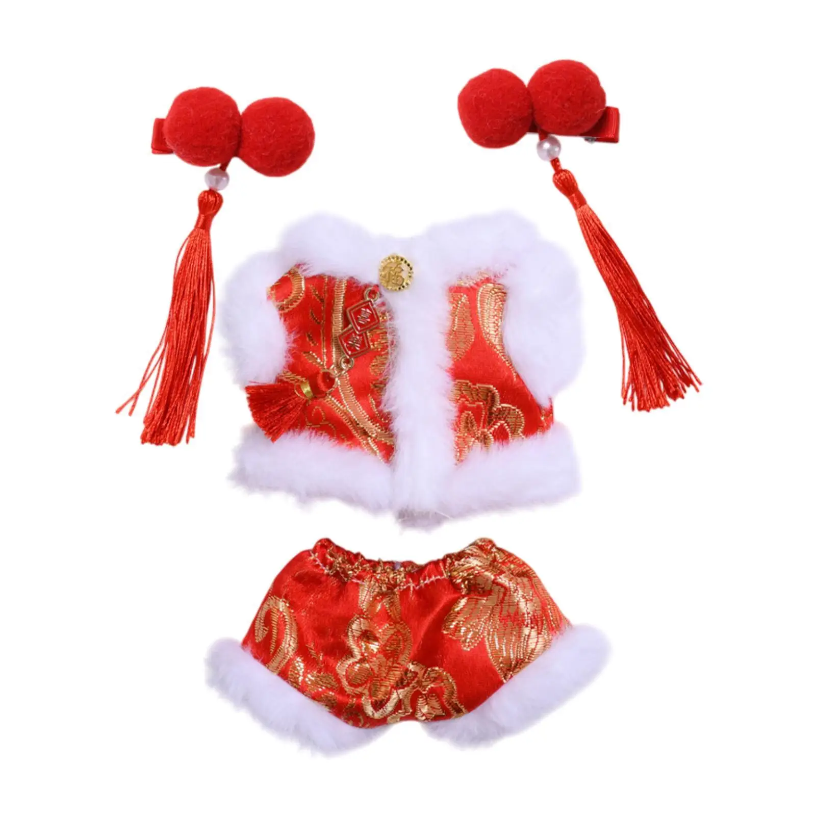4x Fashion Dolls New Year Coat and Pants Hairpin, Handmade Miniature Clothes Outfits for 15-17cm Dolls Birthday Gifts