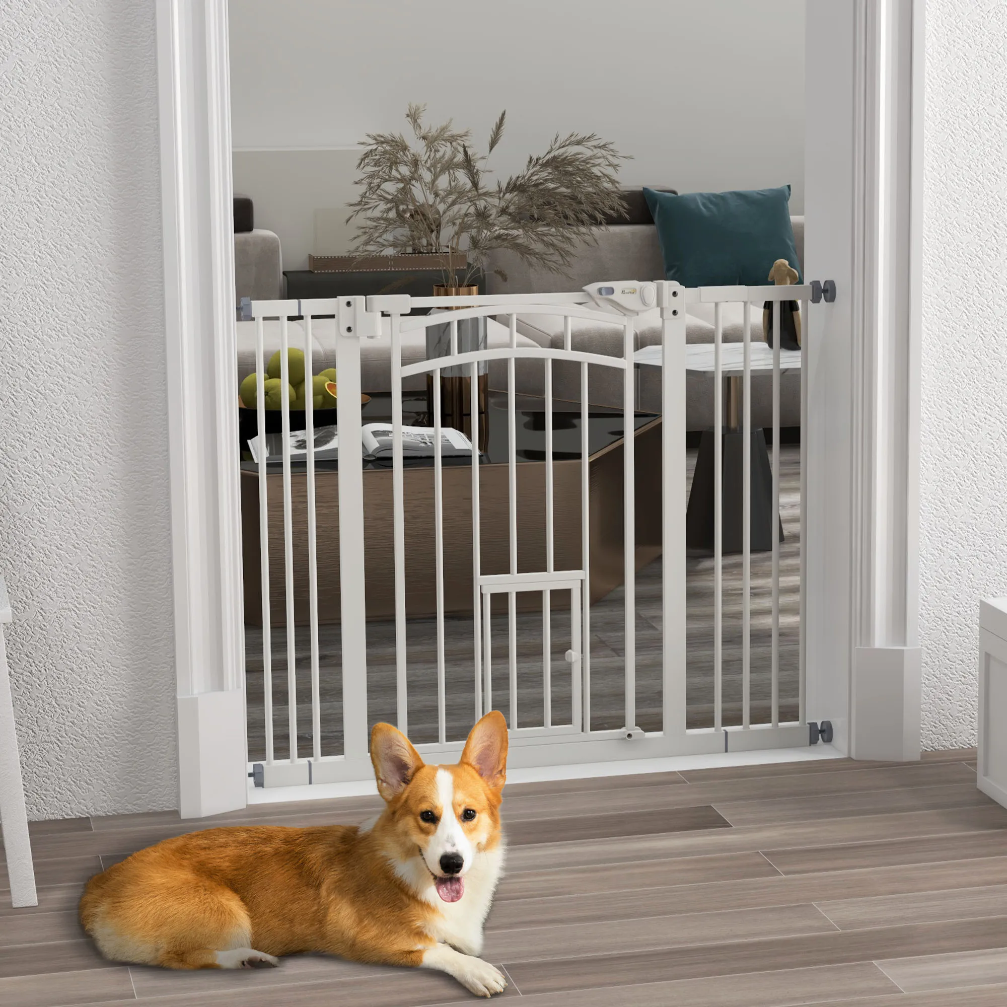 PawHut Barrera de Seguridad para Perros Extensible 74-100 cm, para Puertas y Escaleras, Puerta de Seguridad para Mascotas, con Montaje a Presión y Doble Bloqueo, Blanco - imagen 2