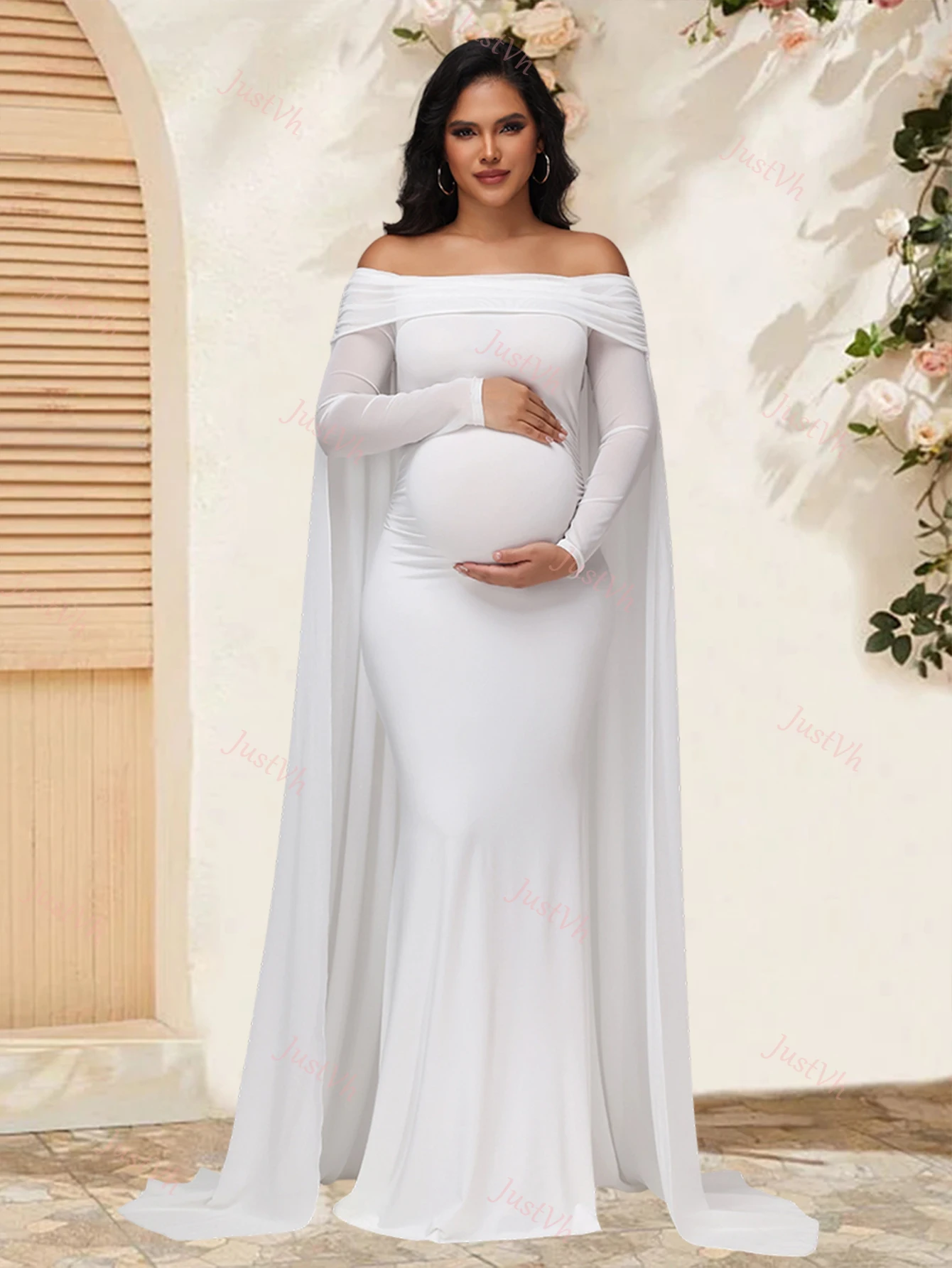 Vestido de maternidad con mangas de malla y chal de gasa