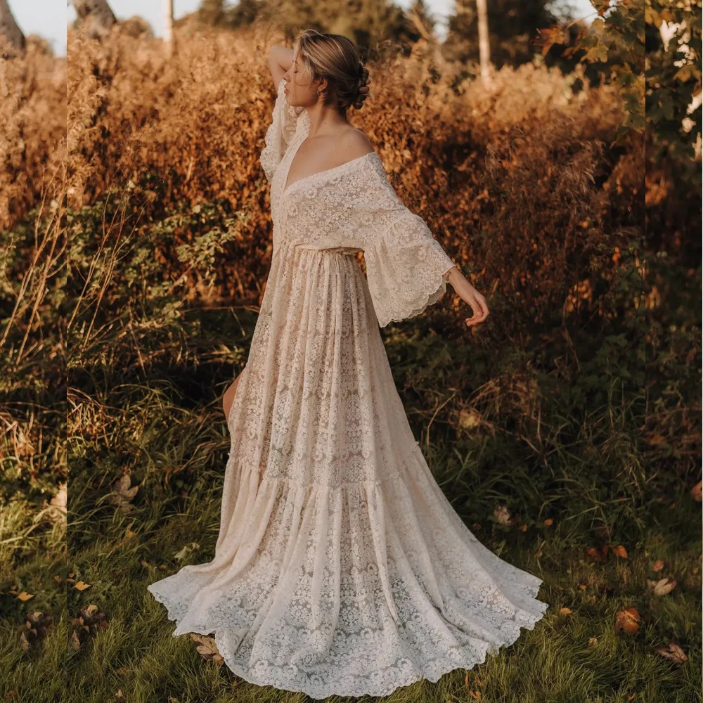 Vestido bohemio de embarazo con encaje en algodón para sesión fotos