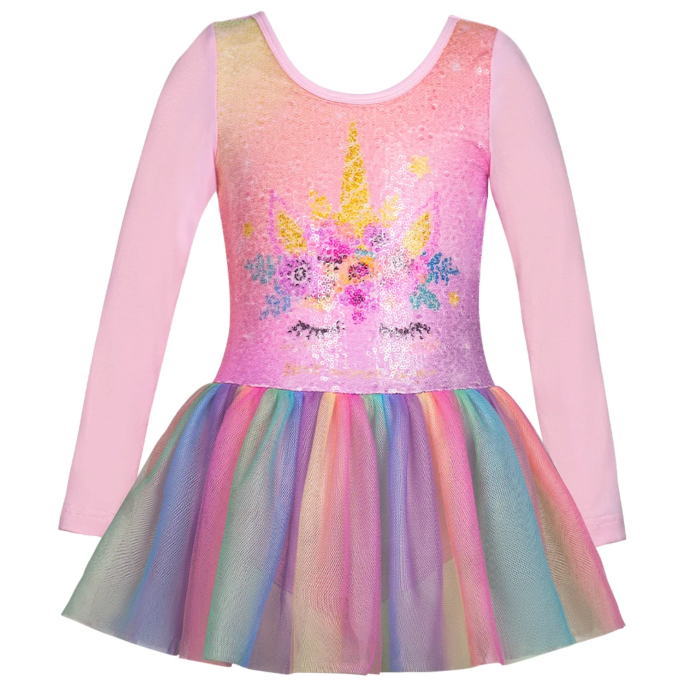 Leotardo ballet manga larga niña con falda unicornio arcoíris
