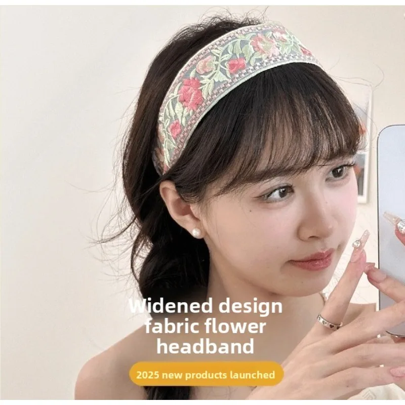 Nueva diadema de flores bordada de estilo chino para niñas: tela floral étnica, borde ancho, cómoda y moderna, perfecta