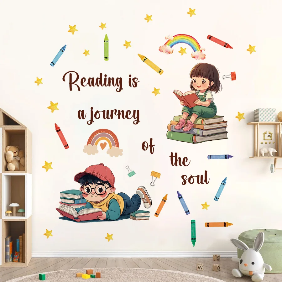 Pegatinas de pared autoadhesivas de lectura para niños, puertas de dormitorio, pegatinas de decoración para habitación de niños, bolígrafos de acuarela de Luna - imagen 5