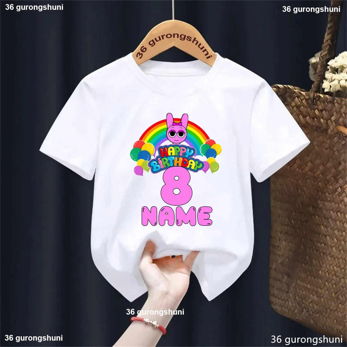 Camiseta con estampado de juego de personajes Sprunki de 8 cumpleaños con nombre personalizado, regalo de cumpleaños para niñas y niños, ropa Kawaii para niños, camiseta de verano - imagen 4