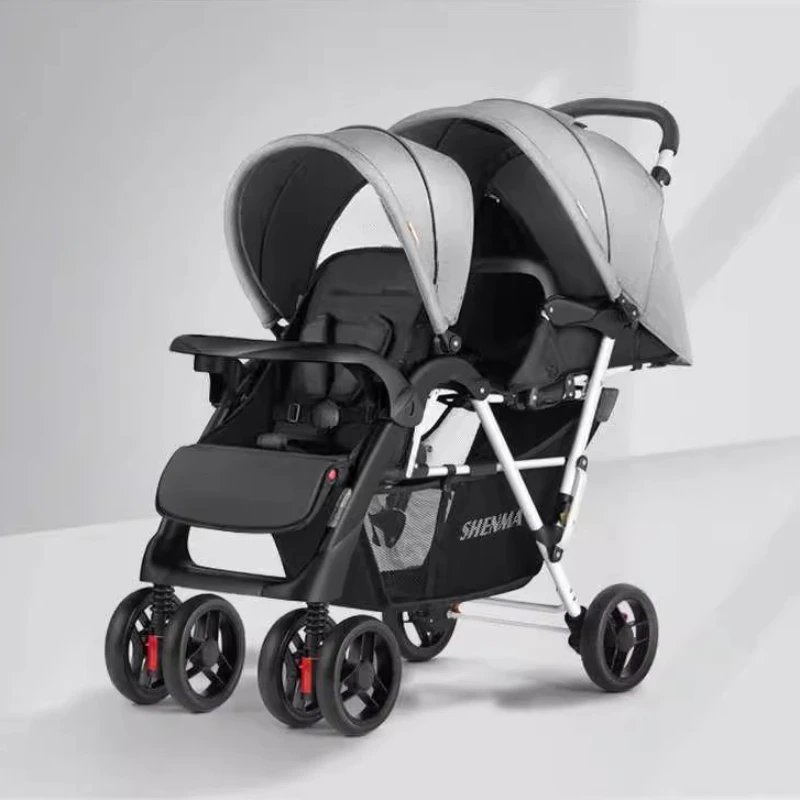 Cochecito de bebé de dos asientos para hermanos, cochecito reclinable ajustable con parte delantera trasera, cochecito de 4 ruedas con diseño compacto y plegable para todo tipo de clima - imagen 4