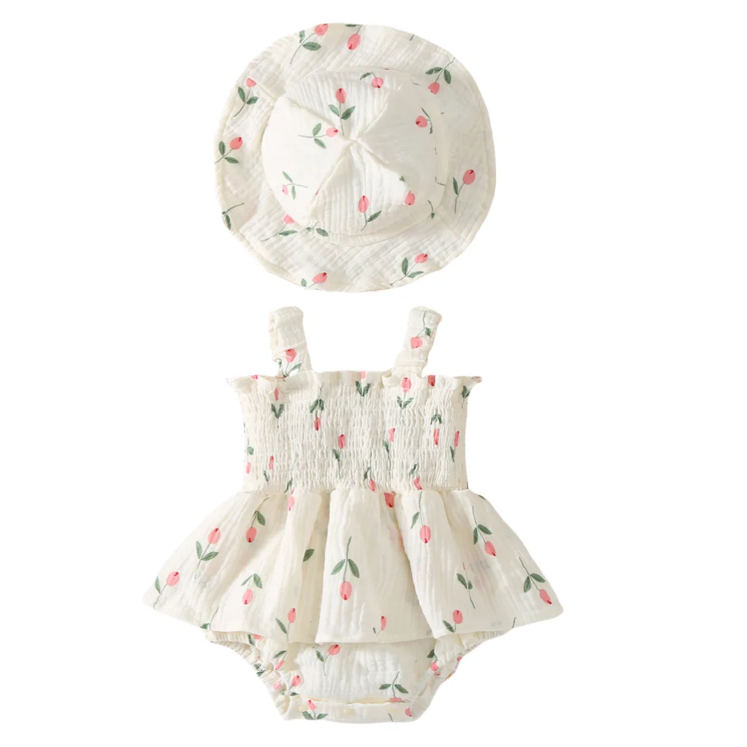 2 uds recién llegado ropa Floral de verano para bebé mameluco sin mangas recién nacido niña falda mono traje con sombrero