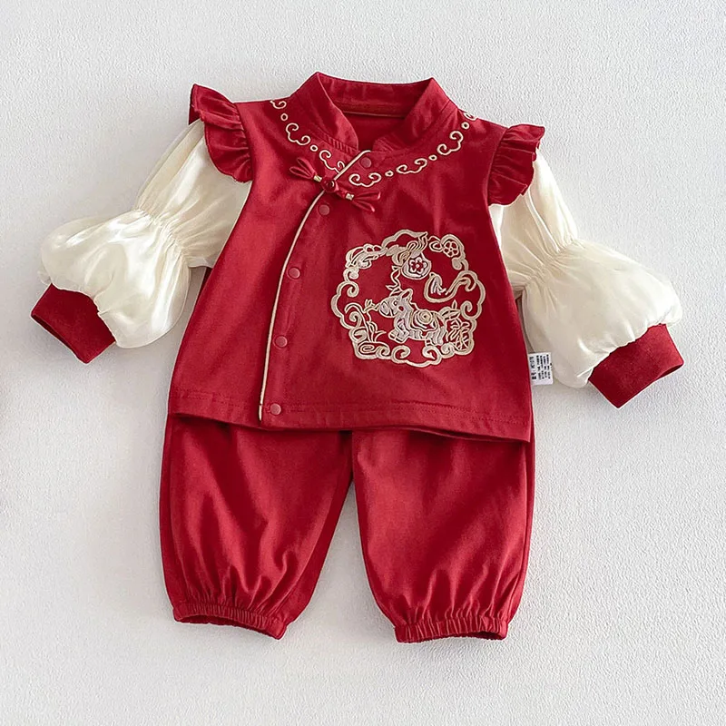 Conjunto primavera bebé niña estilo chino bordado Año Nuevo rojo - imagen 3