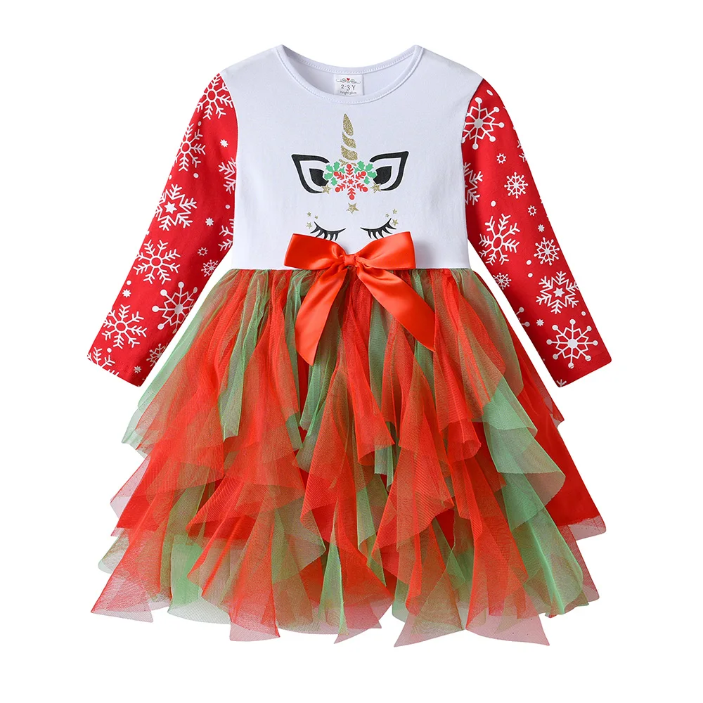 DXTON Vestido de niña con estampado de nieve y lazo de tul - imagen 3