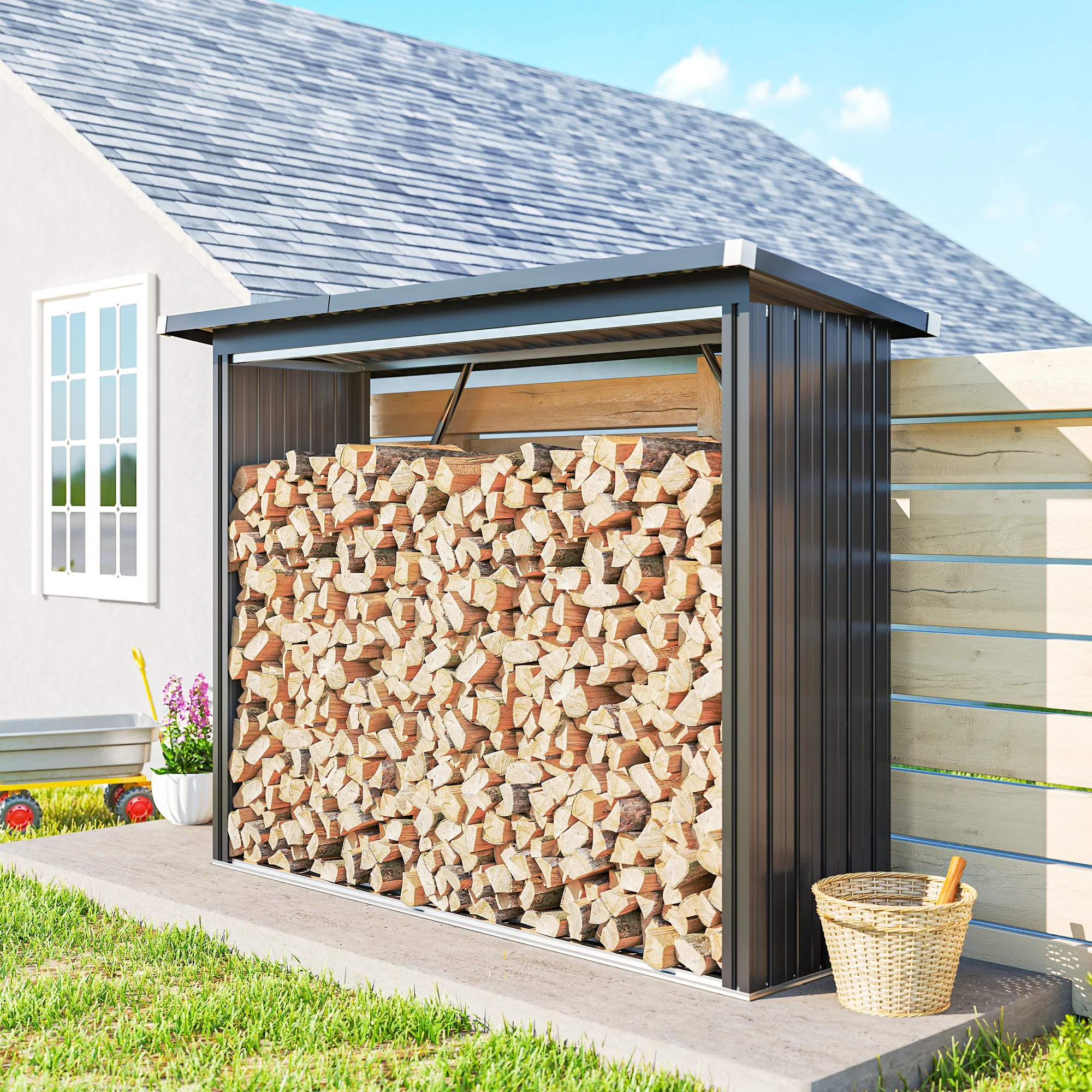 Outsunny Galvanized Steel Firewood Shed, Outdoor Log Storage Shed, with Raised Base and Slanted Roof, 213X66.5X150 Cm, Dark Gray - imagen 2