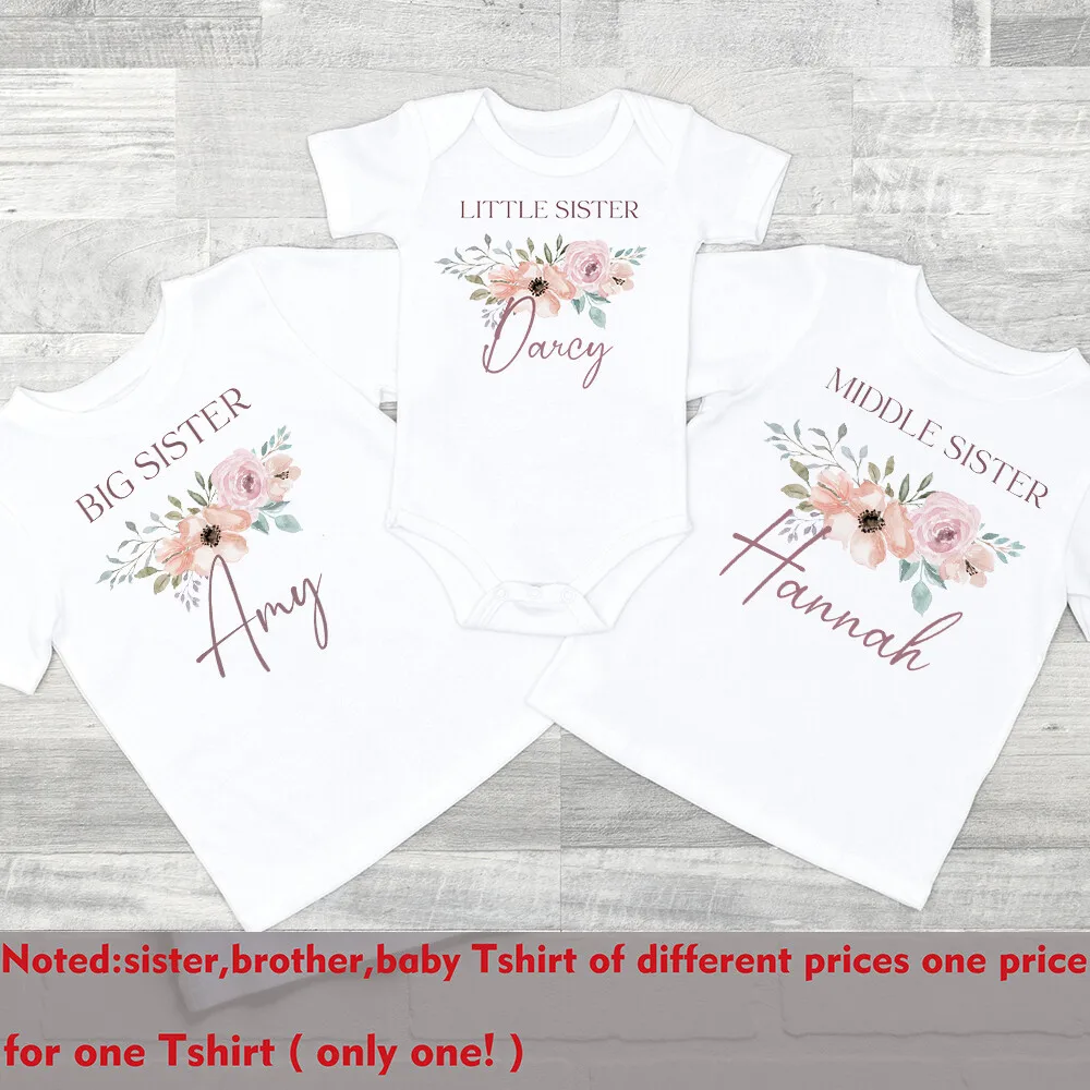 Camiseta personalizada a juego para la familia de hermana mayor y hermana pequeña, camisetas de manga corta de verano para niñas, camiseta con estampado de flores para niños - imagen 4