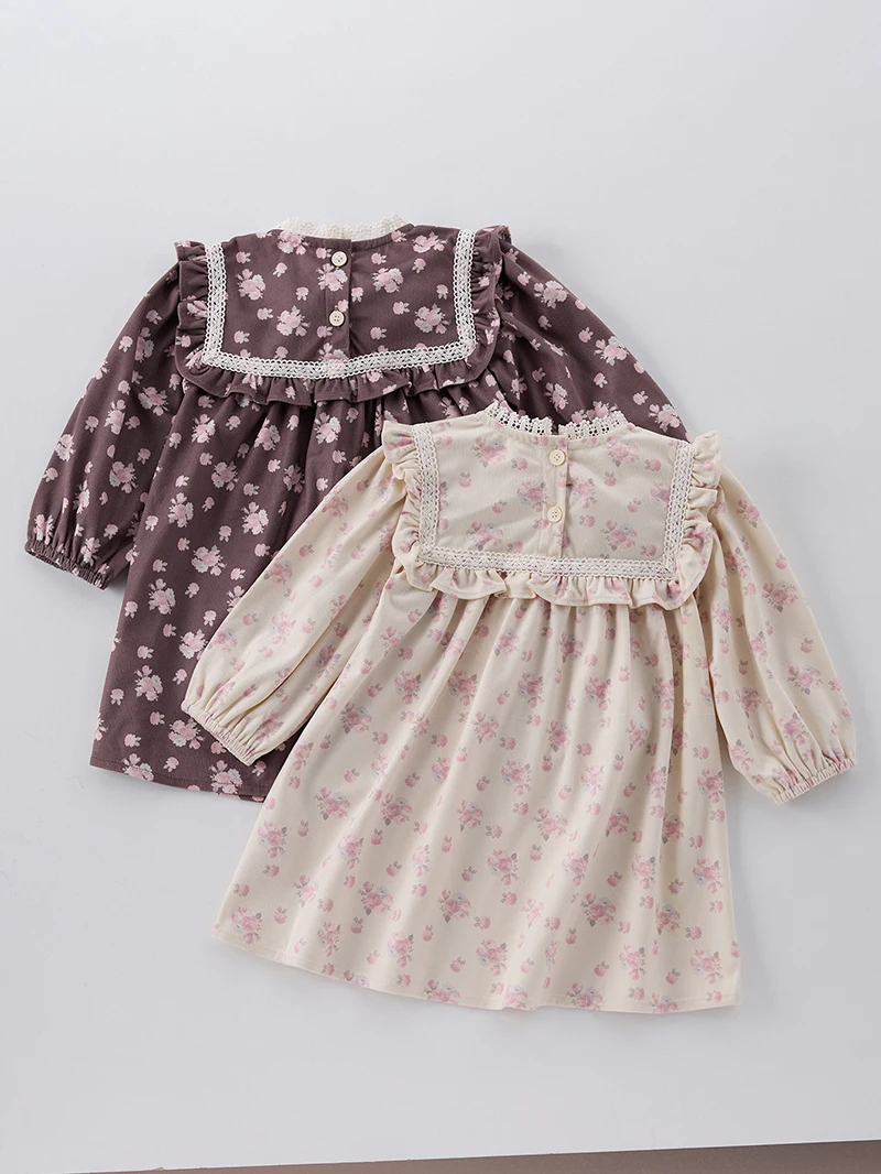 MILANCEL, vestido Floral de primavera para niñas, bonito vestido de manga larga con cuello de encaje para niños, traje informal para niñas, ropa de otoño para niños - imagen 2