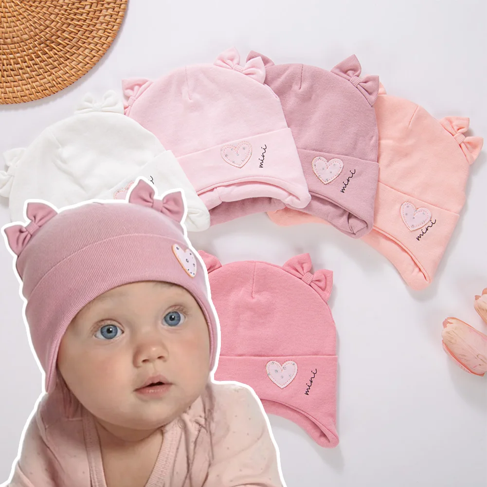 Gorro turbante de algodón para bebé con orejas y bordado corazón