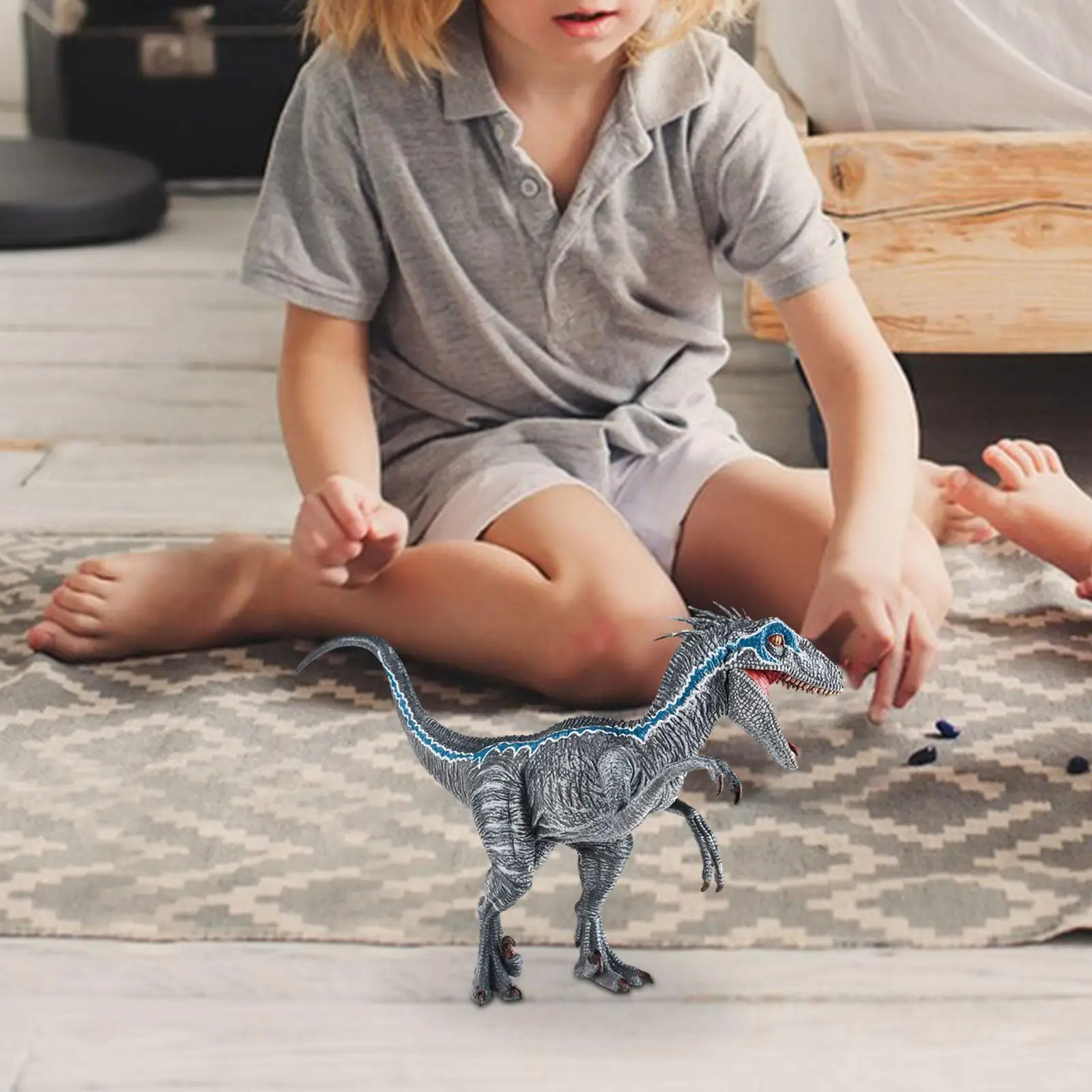 Velociraptor Mongoliensis azul con articulaciones móviles, figura de Animal de dinosaurio Jurásico realista, juguetes de regalo para niños y adultos, adornos - imagen 3