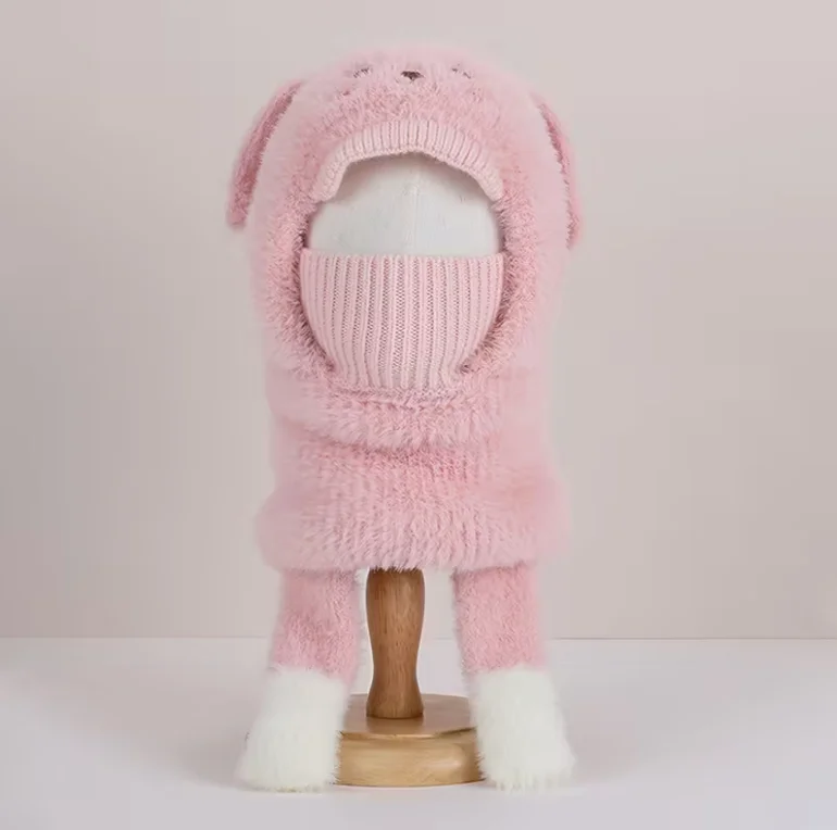 Cubierta para la cara con estampado de orejas y patas de animales de peluche de 2 a 6 años, ajuste elástico y cómodo, blanco para clima frío, sombrero de invierno, máscara y bufanda - imagen 3