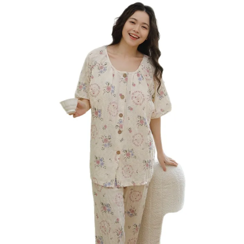 Conjuntos de ropa de dormir de maternidad y lactancia de algodón con estampado fino de verano, pijamas de manga corta, ropa para mujeres embarazadas, embarazo, sueño en casa - imagen 3