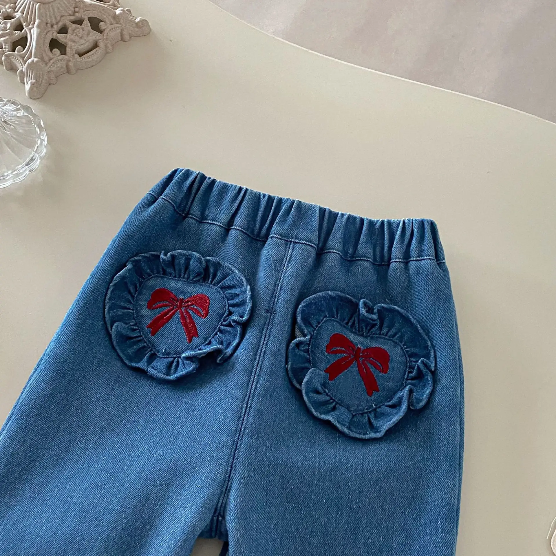 1-5 Y pantalones vaqueros de invierno para niñas, pantalones vaqueros con bordado de lazo para niños, pantalones ajustados para niñas, pantalones con forro de piel - imagen 5