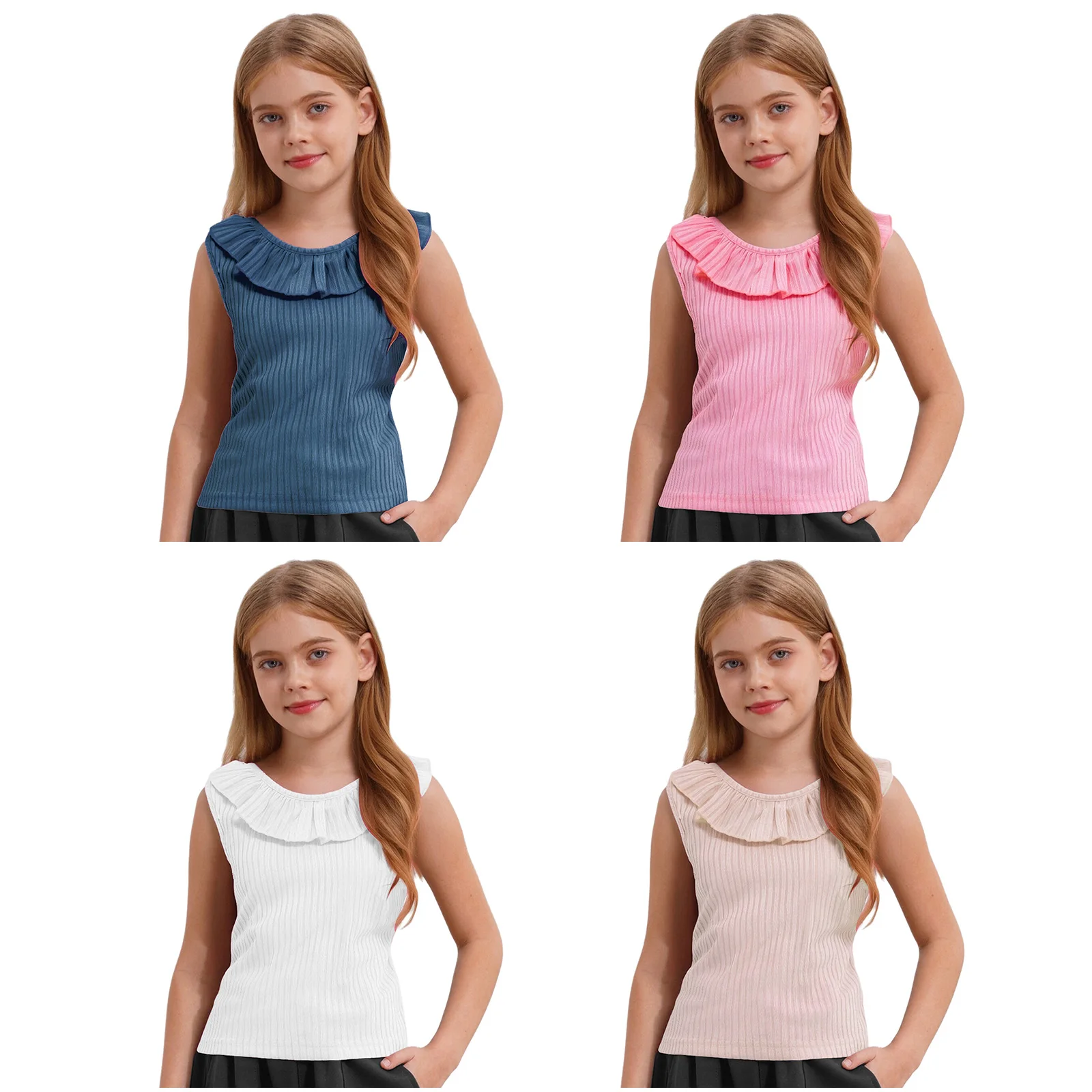 Camisetas sin mangas lindas para niñas, camiseta sin mangas acanalada con volantes, camiseta sin mangas, chaleco trasero cruzado a la moda para vacaciones, playa, Picnic, fin de semana - imagen 2