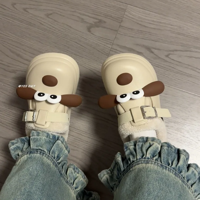 Zapatillas de calle de interior impermeables para mujer, bonitos dibujos animados, perro DIY, zapatos de casa para otoño e invierno, chanclas de algodón cálidas de felpa para el hogar - imagen 3
