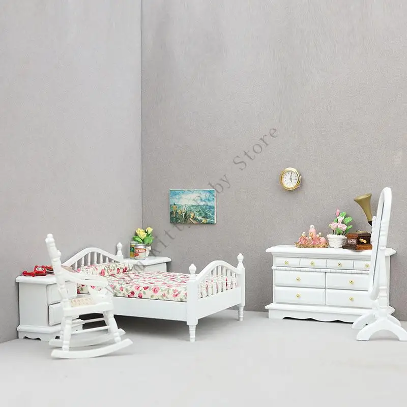 XXFE Juego muebles dormitorio casa muñecas madera, accesorio paisaje para dormitorio, mesita noche, - imagen 2