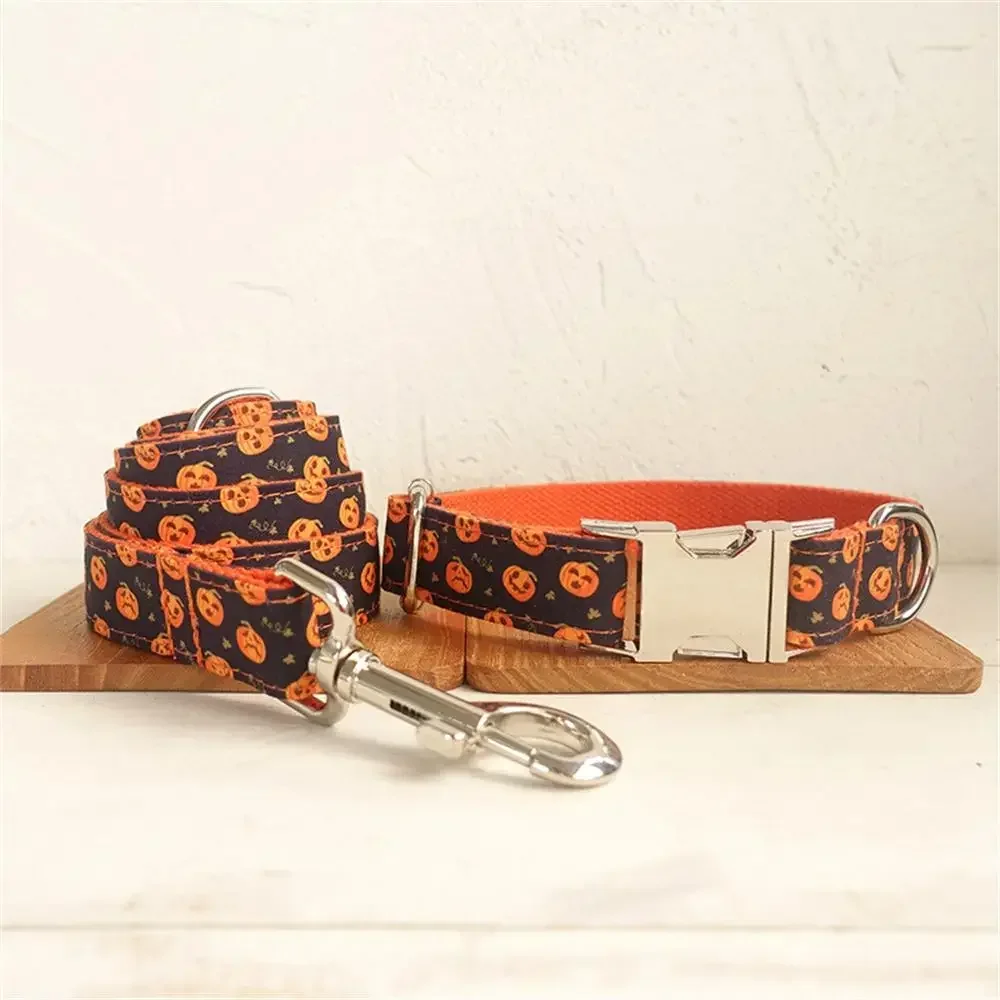 Collar de perro personalizado con grabado gratuito, correa para mascotas a juego, hebilla de contactos personalizados, Collar para mascotas de calabazas moradas y naranjas - imagen 2