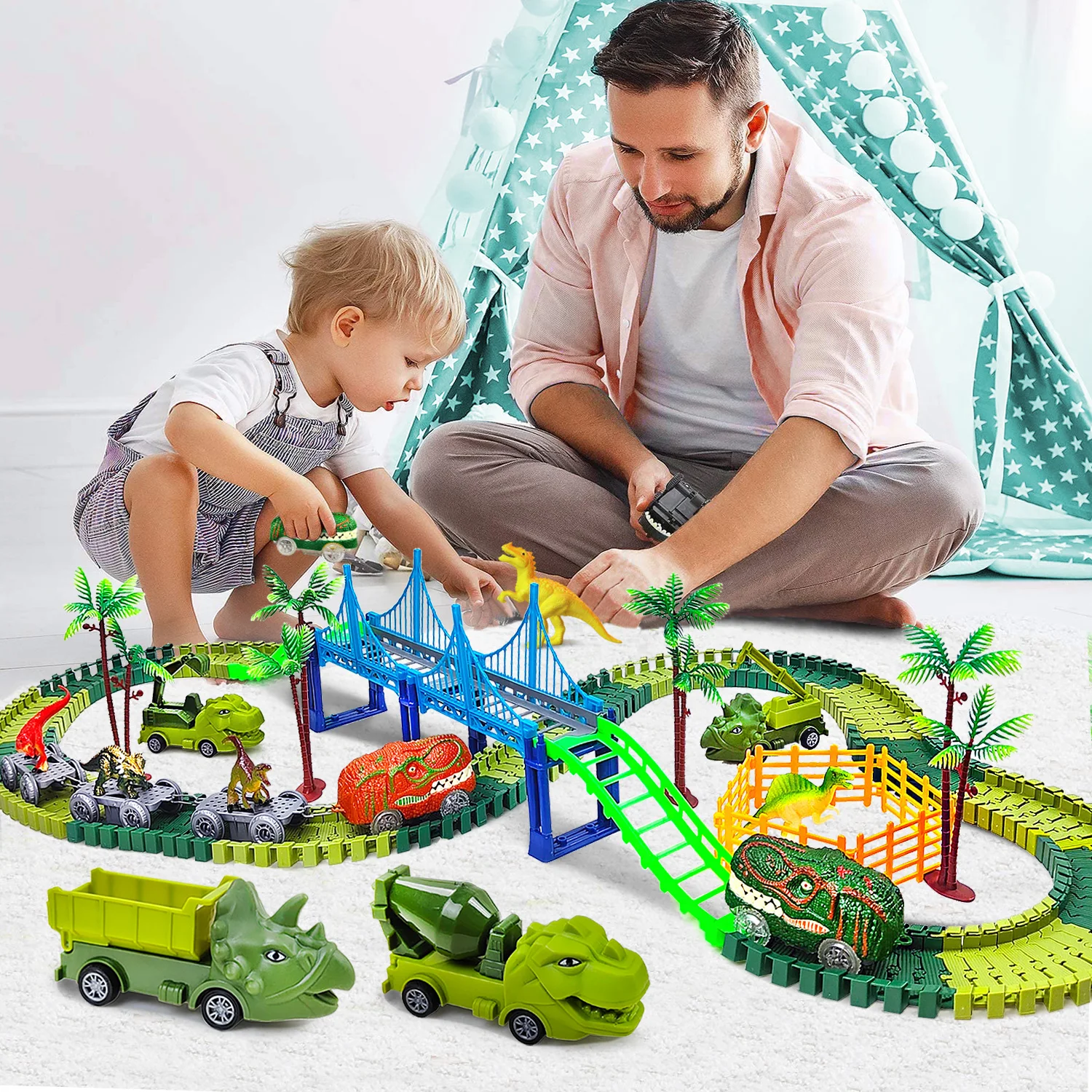 Juguetes de pista de escalada mágica de dinosaurio, juego de pista Flexible de tren, juguetes de ingeniería de dinosaurios, coche de carreras para niños mayores y niñas