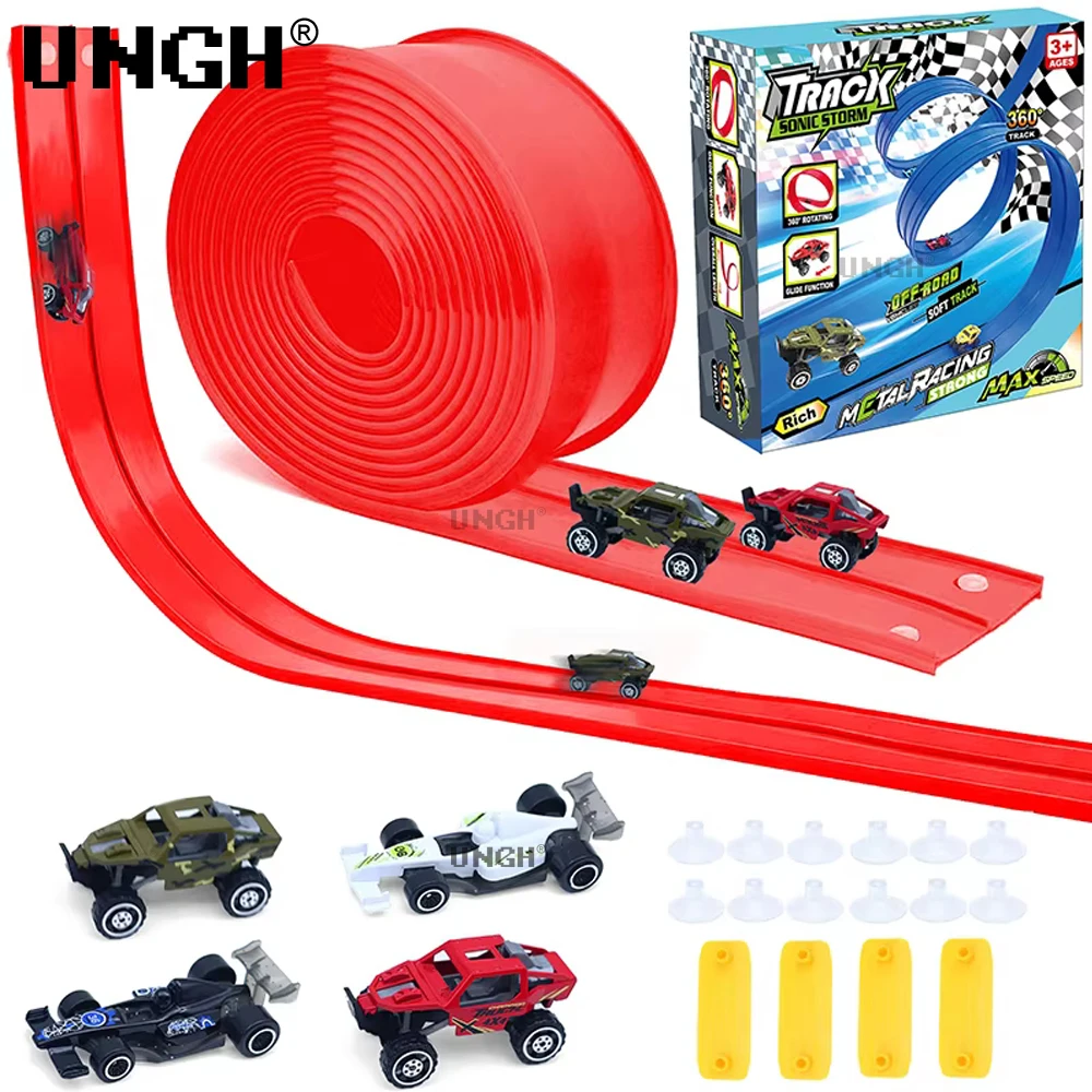 Pista de carreras Flexible de juguete DIY, pista de coche de carreras de doble vía, 4 coches de juguete resistentes a los golpes, pista de carreras enrollable para niños, juego de regalo