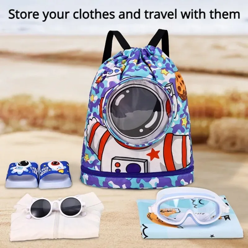 Bolsa de playa para nadar para niños, mochila con cordón y compartimento para zapatos, bolsa de piscina de dibujos animados para natación húmeda, deporte, viajes, niños y niñas - imagen 2