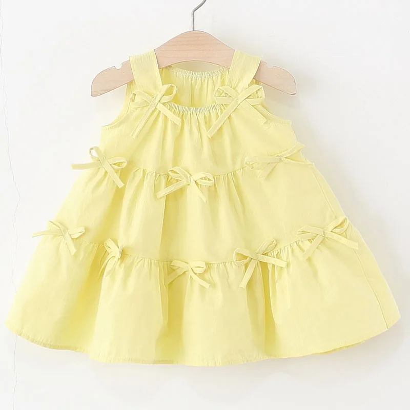 Vestidos de verano para niño niña, bonito vestido coreano de algodón sin mangas con lazo para cumpleaños de bebé, vestido de princesa pequeña, ropa de Boutique para niños B057