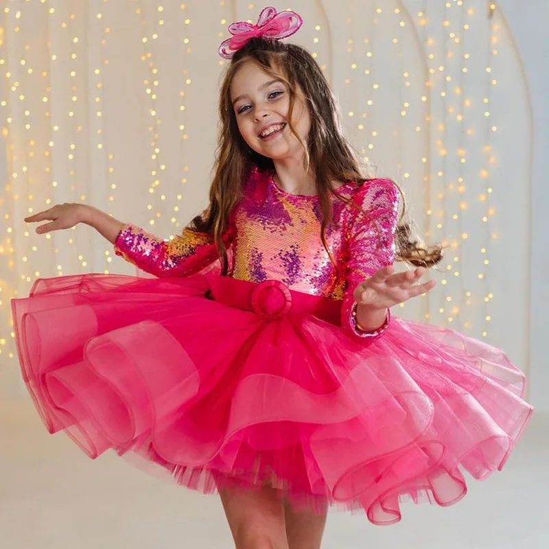 2025 Vestido de princesa de manga larga para niñas, vestido de lentejuelas magenta para Piano Recital, desfile de moda, fiesta brillante, ropa Formal, vestido de niña