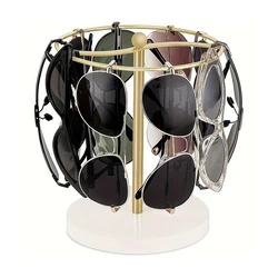 Elegante soporte de almacenamiento para gafas de sol con fondo de madera, soporte de metal para gafas, puede contener 12 pares de gafas, soporte de exhibición para gafas