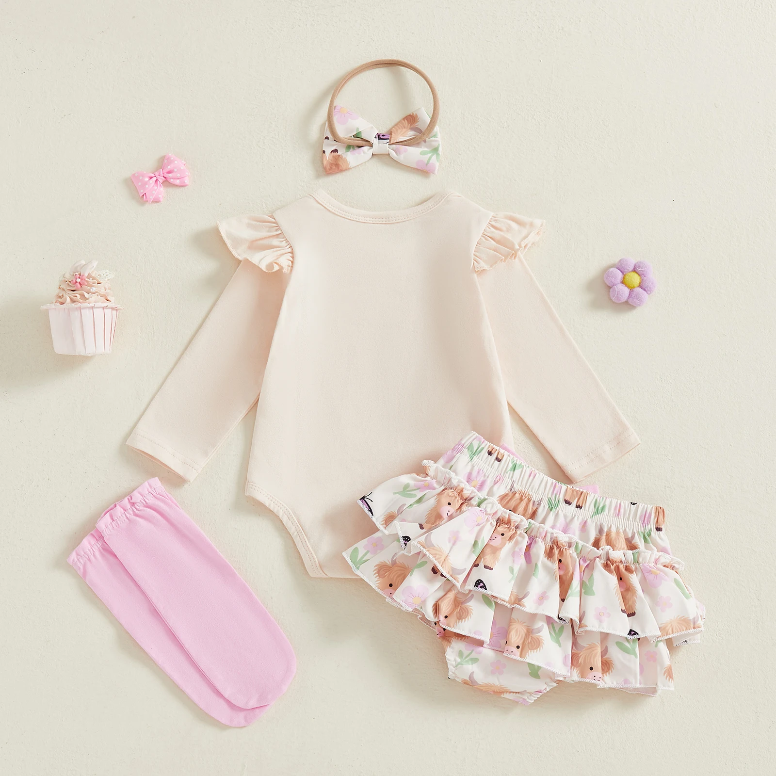 Suefunskry Conjunto de mameluco de manga larga con estampado de ganado de las tierras altas para niña, minifalda con volantes en capas, medias y diadema con lazo - imagen 3