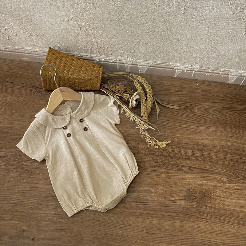 Body de estilo pijo para bebé, ropa de lino transpirable de una pieza con Cuello de camisa para niño y niña, novedad de verano - imagen 4